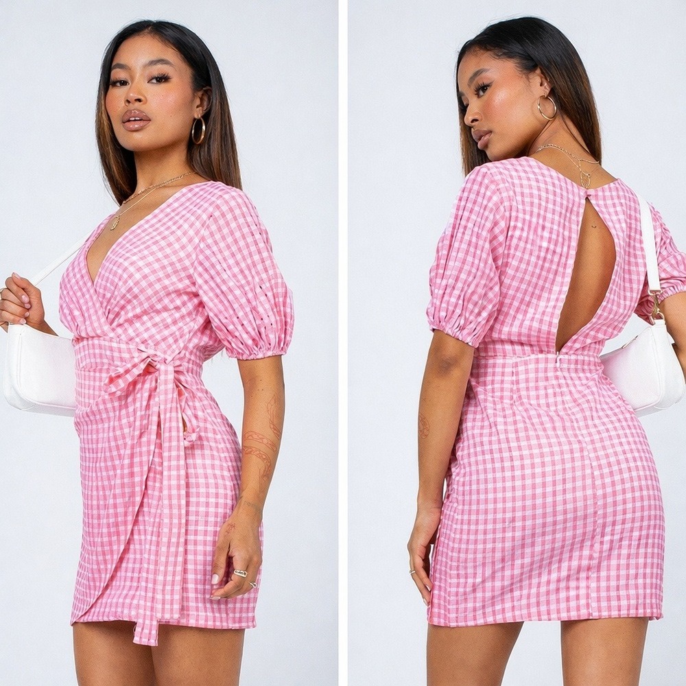 Princess Polly Pink Gingham Faux Wrap Mini Dress Puff Sleeve Back Cutout US 10